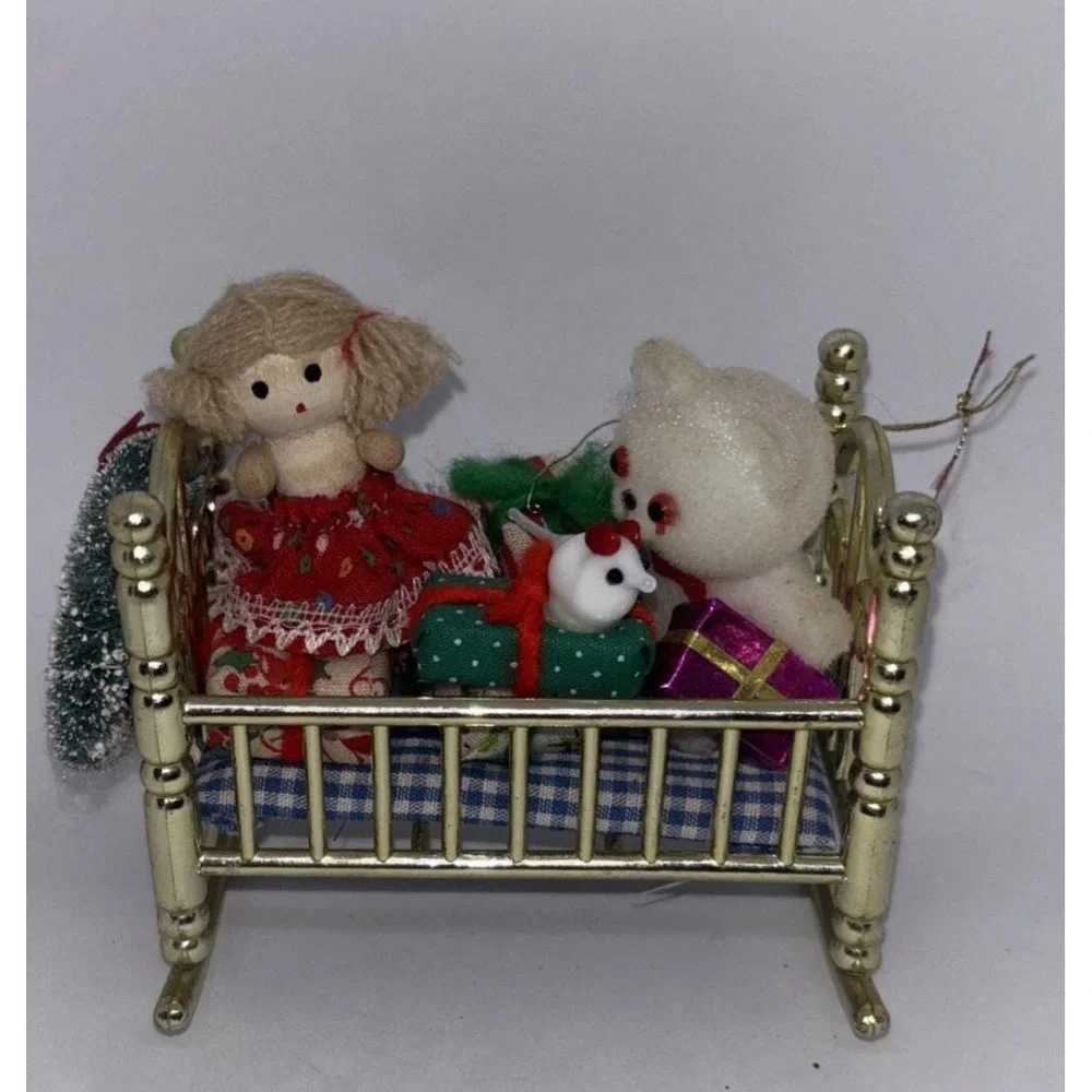 Vintage Schmid Christmas Ornament Teddy Bears In Crib With Gifts 4 Inch